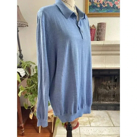 Alan Flusser Men’s Sweater Size‎ XXL Blue Merino Wool Blend Long Sleeve Collared - Picture 2 of 9
